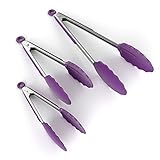 ChefStir Kitchen Tongs, Non-Stick Silicone, Heavy Duty, Stainless Steel, Set of 3 - 7, 9,12 Inch, Best Kitchen Collection for Cooking, Grilling or Barbecue - (Purple)