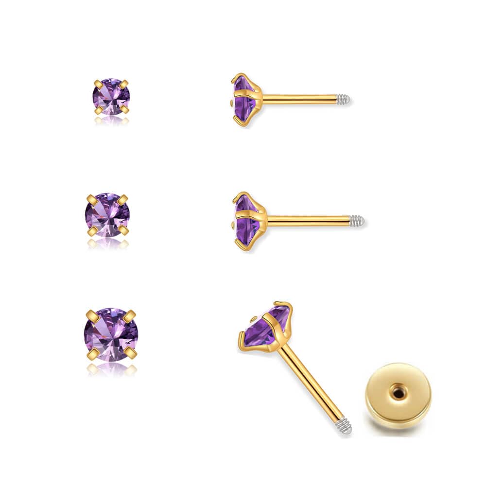 Photo 1 of 3Pairs CZ Stud Flat Screw Back Earrings for Women Multiple Piercing,Dainty Flatback Cubic Zirconia Cartilage Earring Stud,Helix Tragus Conch Piercing Jewelry (2mm/3mm/4mm Gold, Purple CZ)