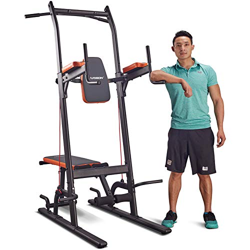 Multifunction Power Tower Dip Station with Bench Adjustable Height for