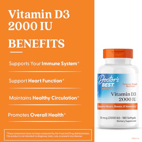 DOCTORS BEST VITAMIN D3 2000 IU, SUPPORTS HEART, BONES, & IMMUNITY, NON-GMO, GLUTEN FREE, SOY FREE 180 SOFTGELS