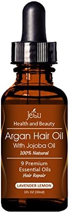 Argan Oil for Hair, LAVENDER LEMON Scent - Repair Damaged Hair, Daily Hair Moisturizer, 9 Premium Quality Natural Essential Oils, including Jojoba Oil for Hair. FREE easy to use Dropper.