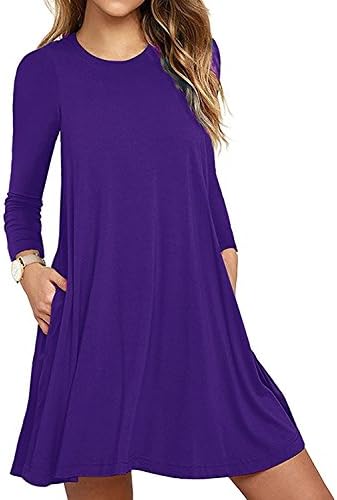 FOXSEN Womens' Long Sleeve Pocket Casual Loose T-Shirt Dress Purple Large