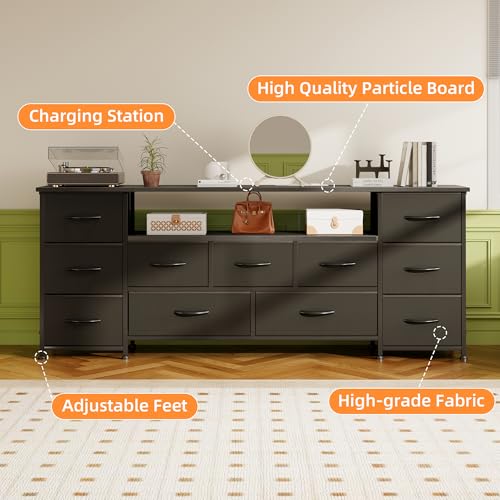Vermess 63" W Dresser for Bedroom with Charging Station 11 Drawer Dressers & Chests of Drawers Dresser TV Stand for Bedroom for 65 70 75 Inch TV, Metal Frame & Fabric Drawers, Black