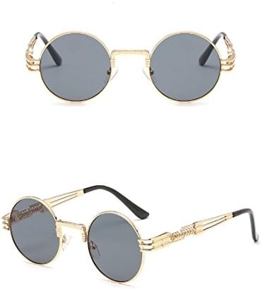 NAISHE Vintage Round Circle Retro Steampunk Sunglasses - Metal Frame - Men Women (Gold, Gray)
