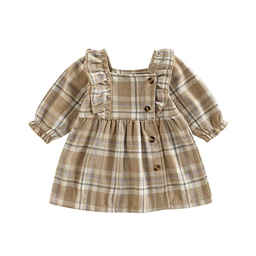 VISGOGO INFANT BABY GIRLS PLAID DRESS RUFFLES LONG SLEEVE BUTTONS SQUARE NECK A-LINE DRESS FALL WINTER CLOTHES (KHAKI, 18-24 MONTHS)