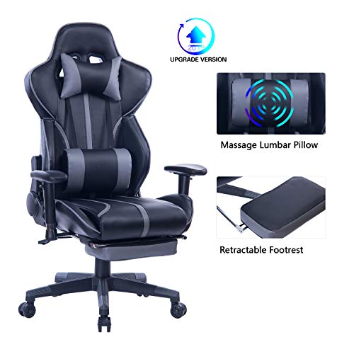 Blue Whale Gaming Chair with Adjustable Massage Lumbar Pillow,Retractable Footrest and Headrest -Racing Ergonomic High-Back PU Leather Office Computer Executive Desk Chair 8239Grey
