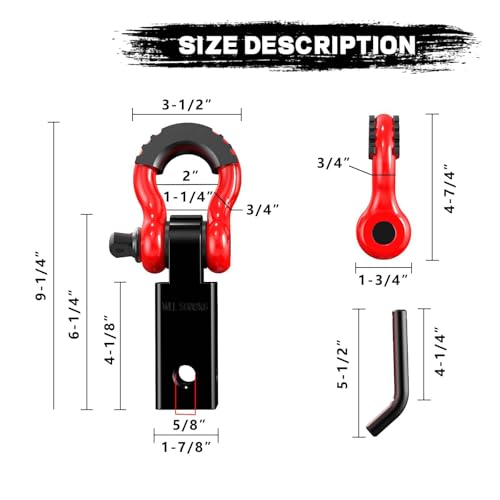 Tow Hitch Receiver 2", 45,000 lbs Break Strength Shackle Hitch with 5/8" Screw Pin, 3/4" Shackle, Red & Black Towing Accessories for Vehicle, Trailer & Off-Road Recovery