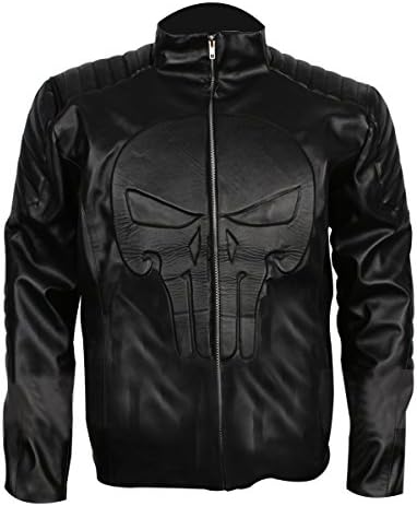 Men Biker Skull Logo Embossed Black Motorcycle Leather Jacket