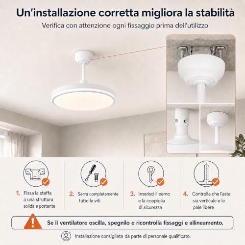 MARSI Ceiling Fan with LED Light 106 cm, Invisible Retractable Blades, Silent Fan with RF Remote Control, Reversible DC Motor, 6 Speed, Dimmable LED, for Bedroom and Living Room
