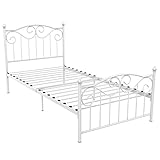 Yaheetech Single Metal Bed Frame Twin Size Vintage Bedstead Wood Slats Support Platform Steel Slats Bed with Headboard & Footboard White