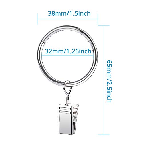 Hapythda Clip Curtain Rings, 20 PCS Metal Curtain Rings Silver Nickel Plating with Clips and Eyelet Decorative for Sheer Drape, Blackout Drapery and Drop Cloth Tarp(1.26 Inch) - Thumbnail 2