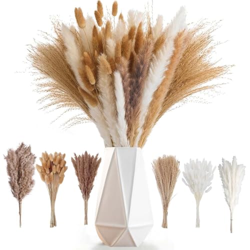 120PCS Decoración de Hierba de Pampas Secas Naturales,Colas de Conejo de Hierba Natural de la Pampa,Decoraciones de Hierba de Pampa Seca,Ramo de Hierba Carrizo para Sala de Estar,Cocina,Boda,Fiestas