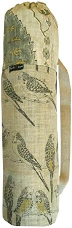 Yoga Mat Bag - Parakeets - 12 x 28 - Inside Pocket -Cotton w/jute for natural ventilation - Shoulder Strap - Ikat - birds gray yellow green