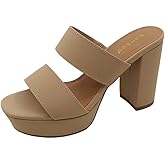 BAMBOO Women's Open Toe Slip-On Platform High Block Heel Mule Sandal Script-24 Nude 7.5