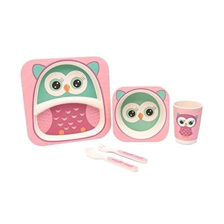 Abracadabara (Set of 5 Pcs) Bamboo Fiber Eco-Friendly Kids Cutlery Tableware Feeding Set with Printed Plate, Spoon, Glass, Folk & Bowl for Infant - Pink