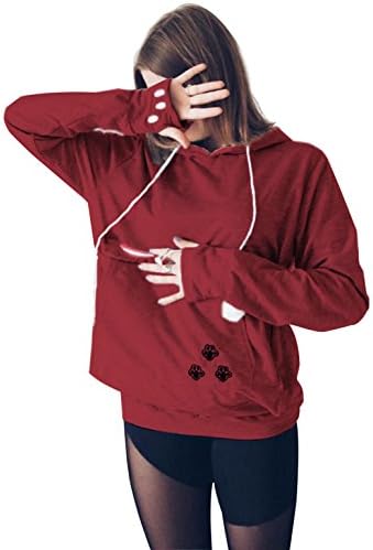 Kingdilor Women's Ear Big Kangaroo Pouch Hoodie Long Sleeve Pet Cat Dog Holder Carrier Casual Sweatshirt S-4XL (2XL, Wine red)