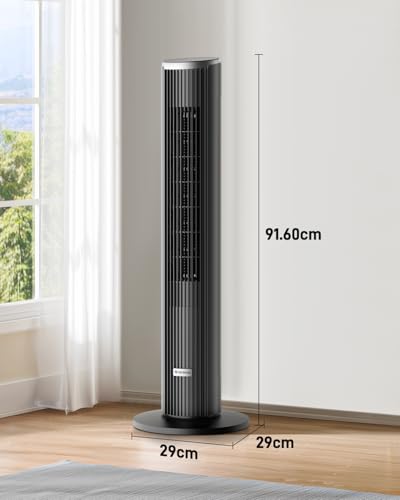 Ateroll Silent Tower Fan, Electric Cooling Fan, 90° Oscillating Bladeless Fan with Remote, 4 Speeds 3 Modes 12H Timer LED Display, Energy Efficient Standing Fan for Home Office, Black Fan