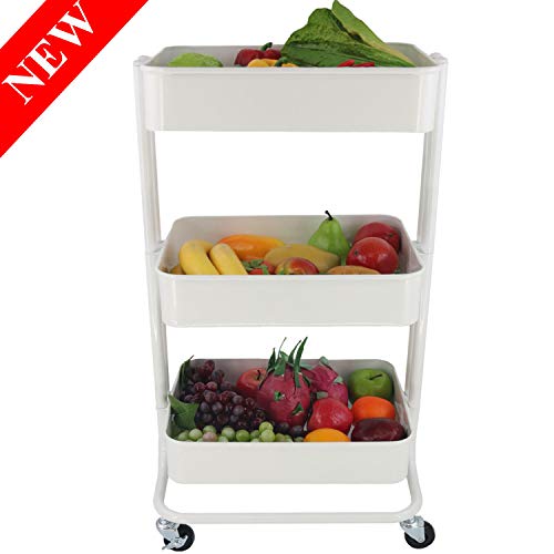 Ovicar 3-Tier Metal Rolling Utility Carts, Heavy-Duty Storage Shelves, Trolley Organizer with Handles and Wheels for Office Home Kitchen Bathroom Organization, White