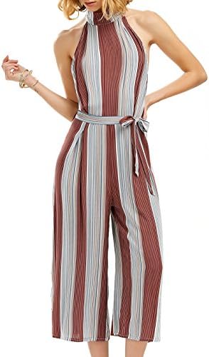 OUMAL Women Summer Jumpsuits Halter Neck Striped Wide Leg Backless Jumpsuits Rompers (XS, Red)