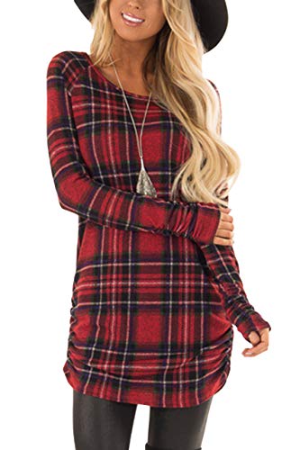 For G and PL Women Long Sleeve Casual Shirt Slim Fit Ruched Side Tunic Red Plaid XS