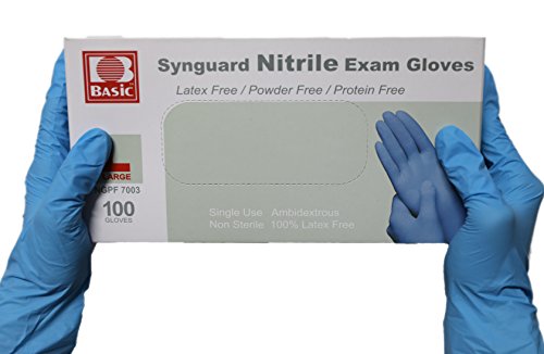 The Basic Medical Nitrile Gloves Medical Grade, Powder Free, Latex Rubber Free, Disposable, Non Sterile, Food Safe, Textured, Blue Color, Convenient Dispenser Pack of 100, Size Small