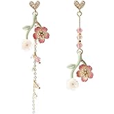 Flower Earrings Wedding Statement for Women Hypoallergenic Sterling Silver Post Crystal Asymmetry Shell Cherry Leaf Flower Tassel Earring Long Dangle Love Heart Earring Birthday Xmas Jewelry Gift Bff