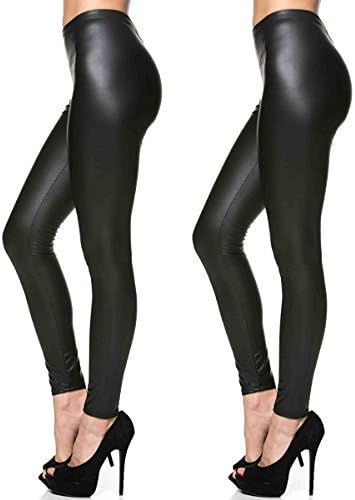 Retro Design Faux Leather Stretchy Pants Tights Ankle Leggings (M-2PACK, black)