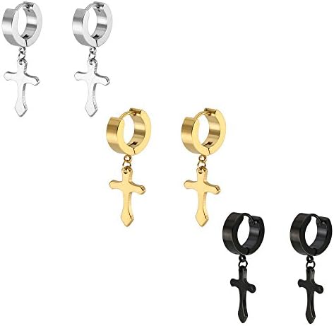 3 Pairs Stainless Steel Huggie Hinged Hoop Earrings Cross Dangle Earrings Unisex(Style A)