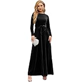 OBEEII Fall Dress for Women Long Sleeve Velvet Maxi Dress with Belt Wedding Guest Casual Holiday Party Dresses