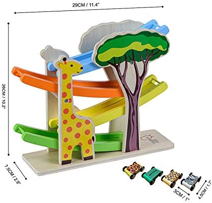 Teamson Kids Preschool Wooden Car Ramp Racer Toy Click Clack Racetrack Garage With 4 Safari Cars UK-PS-T0007 Multicolor - Image 4