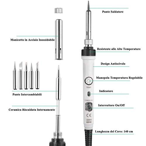 Soldadores de Estaño Electronica, SREMTCH [Nuevo Diseño] 60W Kit del Soldador de 220 ℃ a 480℃ Temperatura Ajustable con Interruptor 5pcs Puntas Diferentes, Soporte, Alambre de Soldadura