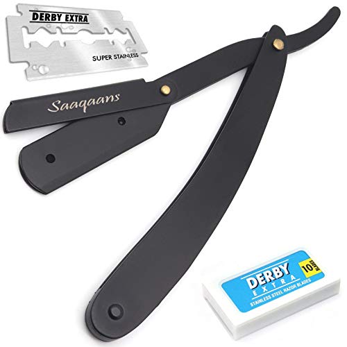 Saaqaans HSR-01 Professional Barber Straight Edge Razor - Manual Folding Cut Throat Beard Shaving Razor for Men with 10 Extra Double Edge Razor Blades (USA)