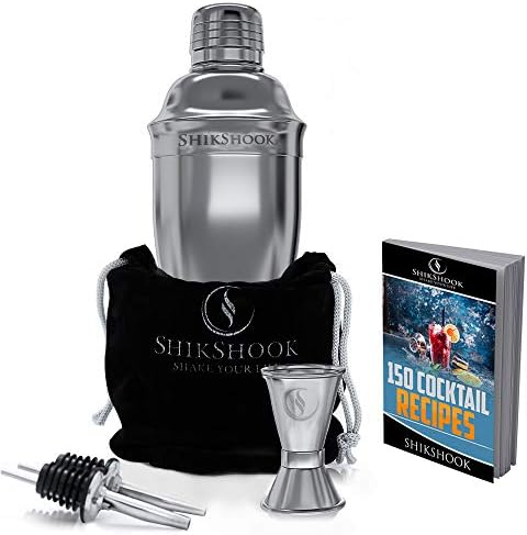 SHIKSHOOK Cocktail Shaker Set - Includes Martini Shaker, Double Jigger 1oz\2oz And 2 Liquor Pourers & Drink Mixer E- Book: 150 Bartender Recipes