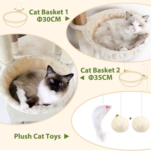 Globlazer Beige XXL Cat Tree Corner for Large Cats 204 cm with 2 Large Kennels 45 x 30 x 30 cm, Huge Platform, Sisal Board, Basket, Stable Cat Trees Indoor Rest Scratching Playing (C80, Beige)