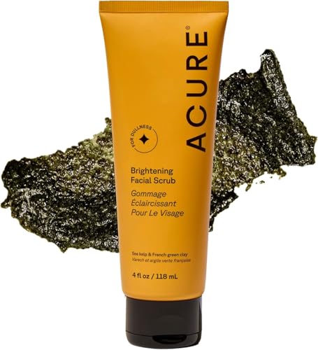 Acure Brightening Facial Scrub - Exfoliating Face Wash, Gentle Daily Scrubber & Exfoliator for Women & Men for Radiant Skin, Cleansing Wash with Sea Kelp & French Green Clay - 4 fl oz