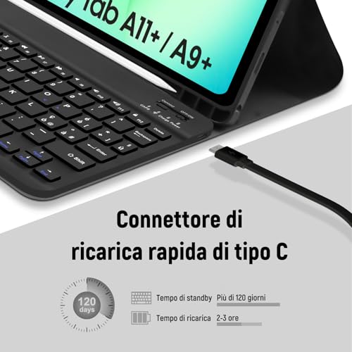 Tastiera Custodia per Samsung Galaxy Tab A11 Plus 2025/Tab A9 Plus 2023 11 Pollici, Custodia per Italiano QWERTY Tastiera con Portapenne,Tastiera Bluetooth Staccabile Cover con Samsung A11+/A9+ (Nero)