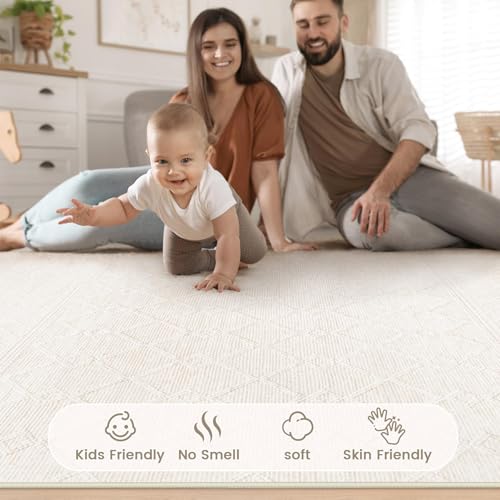 8x10 Area Rug Living Room: Washable Boho Geometric Moroccan Rug Neutral Modern Farmhouse Indoor Soft Non Slip Ultra Thin Large Printed Pattern Carpet for Bedroom Home Office (Beige, 8'x10')
