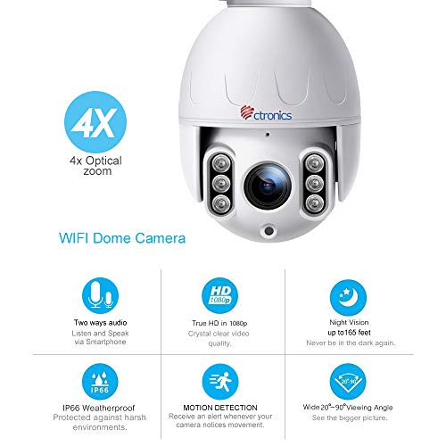 Ctronics PTZ WiFi Camera Outdoor,1080P Security IP Camera,Pan Tilt Zoom( 4 X Optical Zoom) Dome Camera,Motion Detection,165feet Night vision,Waterproof IP65,Micro SD card Up to 128GB(not included) - Thumbnail 2