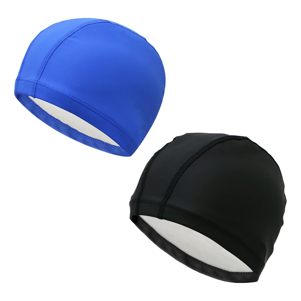 PU Coated Swimming Cap, Waterproof Flexible Swim Hat for Adults, Ear Protection, Knitted Fabric, Universal Fit (Black + blue)