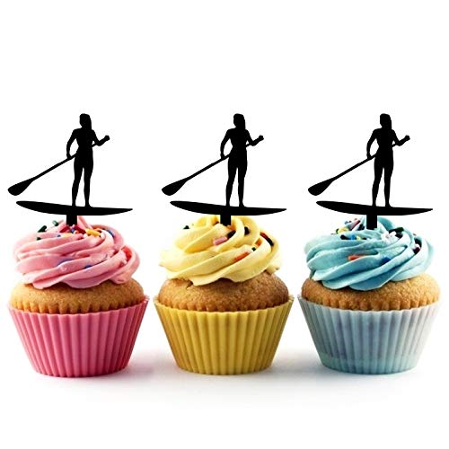 TA0889 Stand Up Paddle Board Woman Silhouette Party Wedding Birthday Acrylic Cupcake Toppers Decor 10 pcs