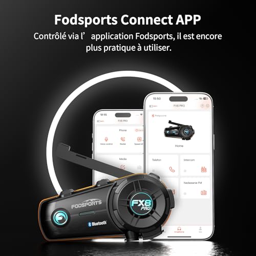Fodsports FX8 Pro Casque Intercom Moto Bluetooth, Contrôle par Application, 7 Langues Vocales, Musique et Intercom Simultanés, Communication pour 10 Motards, Partage de Musique, Radio FM(1 Unité)