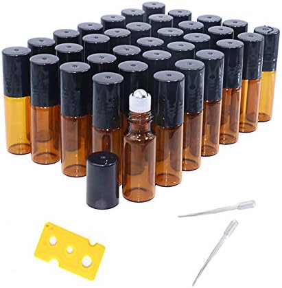 ConStore 35 Pack Roller Bottles 5ml Amber Glass Roll On Containers For Essential Oil Small Perfume Oil Rollerball Bottles With 1pc Opener,2pcs Dropper,Aromatherapy Metal Ball VIals
