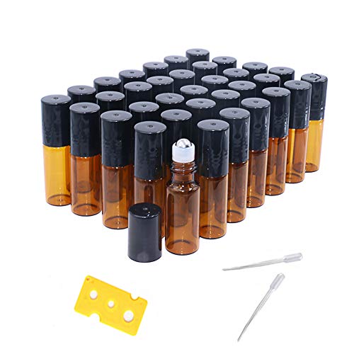 ConStore 35 Pack Roller Bottles 5ml Amber Glass Roll On Containers For Essential Oil Small Perfume Oil Rollerball Bottles With 1pc Opener,2pcs Dropper,Aromatherapy Metal Ball VIals