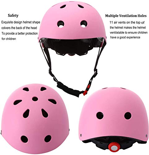Adjustable Kids Skateboard Helmet,Bike Helmet Knee Elbow Pads Wrist Pads 7 in 1 Protective Sports Gear Set Suitable for Ages 3-8 Years Roller Skating Scooter Cycling Toddler Boys Girls (Pink)