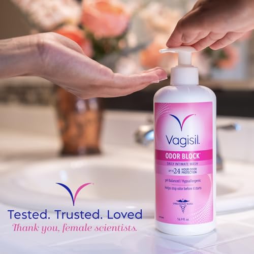 VAGISIL FEMININE WASH FOR INTIMATE AREA HYGIENE, ODOR BLOCK, GYNECOLOGIST TESTED, HYPOALLERGENIC, 16.9 OZ WITH PUMP