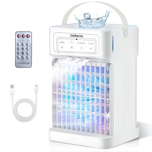 Portable Air Conditioner Cooling Fan, 1100ML Air Conditioning Unit with 3 Wind Speeds, Personal Air Cooler Fan with 7 LED Light, 2-8 Adjustable Timer, 3 Cool Mist Modes Ice Fan for Bedroom Car Office