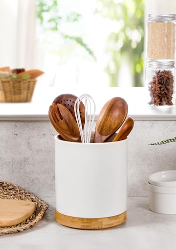 360° Rotating Utensil Holder, 7.2" Large White Ceramic Cooking Utensil Crock, Countertop-Protection Cork Bottom, Ideal for Farmhouse Kitchen Decor, White