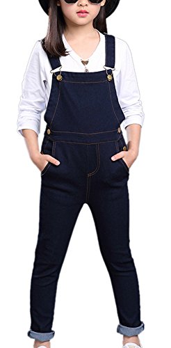 Girl's Skinny Leg Classic Solid Denim Long Jumpsuit Drak Dark Blue Stretchy Rompers 150 Dark Blue