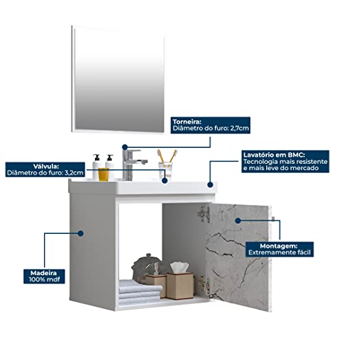 RIVERZZA Kit Gabinete Armario para Banheiro 100% MDF com Cuba - Veneto Branco 40cm (BERLIN)