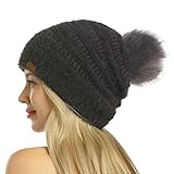 ViGrace Women Knit Slouchy Beanie Chunky Baggy Hat with Faux Fur Pompom Winter Soft Warm Ski Cap Dark Grey